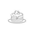 One single line drawing fresh delicious American pancake shop logo vector graphic illustration. Coffee shop menu and restaurant
