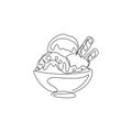 One single line drawing of fresh delicious ice cream cup with wafer stick and wafer roll vector illustration. Dessert menu