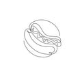 One single line drawing of fresh logo American hot dog vector illustration. Fast food sandwich cafe menu and restaurant badge Royalty Free Stock Photo