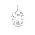 One single line drawing of fresh muffin with cherry cake online shop logo vector illustration. Sweet pastry cafe menu and