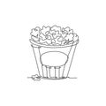 One single line drawing of fresh salty pop corn with stripped pattern paper bucket vector graphic illustration. Snack for watching