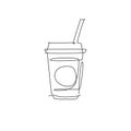 One single line drawing of fresh soft drink on plastic glass logo graphic vector illustration. Cafe menu and restaurant badge art