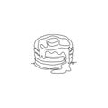 One single line drawing fresh stacked pancake with butter logo vector graphic illustration. Breakfast food cafe menu and