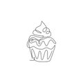 One single line drawing of fresh sweet muffin cake online shop logo vector illustration. Delicious pastry shop menu and restaurant