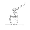 One single line drawing fresh sweet natural gold honey on glass jar with wooden dipper vector graphic illustration. Natural