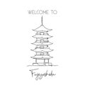 One single line drawing Fuji San Pagoda landmark. World famous place in Fujiyoshida, Japan. Tourism travel postcard home wall