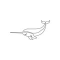 One single line drawing of funny cute narwhal for marine company logo identity. Big narwhale mascot concept for fairytale creature