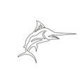 One single line drawing of giant marlin for fresh meat company logo identity. Jumping swordfish mascot concept for seafood can