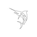 One single line drawing of giant marlin for fresh meat company logo identity. Jumping swordfish mascot concept for seafood can