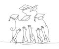 One single line drawing of group of college student throw their cap to the air to celebrate their school graduation. Undergraduate
