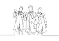 One single line drawing of group of male doctor and female doctor celebrating their successful cure a patient. Medical health care