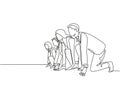 One single line drawing group of male and female worker gets ready on starting line to do sprint race together. Business running