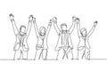 One single line drawing of group of male manager and female manager hold the hands each other to celebrate their success win the