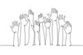 One single line drawing of group of people open up and raising their hands up into the air. Business team work concept. Modern
