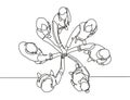 One single line drawing group of young happy business people unite their hands together to form a circle shape symbol, top view.