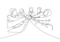 One single line drawing group of young happy male and female business people unite their hands together to form a circle shape