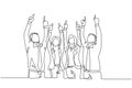 One single line drawing group of young happy male and female workers pointing and raise finger to the sky. Business teamwork