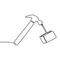 One single line drawing of hammer steel. Wooden hammer isolated on a white background. Handyman tools concept. Retro design. Royalty Free Stock Photo