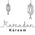 One single line drawing of hanging traditional islamic lantern lamps ornament. Ramadan Kareem handwritten lettering isolated on