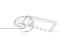 One single line drawing of headphone with microphone and keyboard on the work desk as customer service care equipment tools