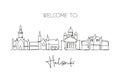One single line drawing of Helsinki city skyline, Finland. Historical town landscape. Best holiday destination home wall decor