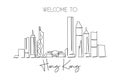 One single line drawing of Hong Kong city skyline, China. Historical town landscape home wall decor art poster print. Best holiday