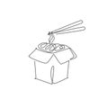 One single line drawing hot spicy noodles store logo graphic vector illustration. Pasta on box fast food cafe menu and restaurant