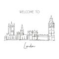 One Single Line Drawing House Of Parliament London Landmark. World Famous Iconic In England United Kingdom. Tourism And Travel