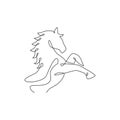 One single line drawing of jumping elegance horse for company logo identity. Strong gallop head mammal animal symbol concept.