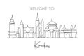 One single line drawing of Krakow city skyline, Poland. Historical skyscraper landscape postcard. Best holiday destination wall