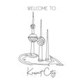 One single line drawing Kuwait Towers landmark. World famous iconic building in Kuwait City. Tourism travel postcard wall decor