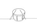 One single line drawing of little drum with drum sticks. Percussion music instruments concept. Dynamic continuous line draw design