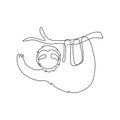 One single line drawing of lovely adorable sloth hanging and waving hand at branch tree for logo identity. Cute mammal mascot