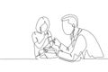 One single line drawing of male pediatric doctor giving vaccine injection to young beauty girl patient at hospital. Medical