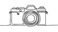 One single line drawing of old retro analog slr camera with telephoto lens. Royalty Free Stock Photo