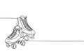 One single line drawing of pair of old retro plastic quad roller skate shoes. Trendy vintage classic sport concept continuous line