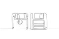 One single line drawing of retro old classic 3.5 inch floppy disk front and back side. Vintage file storage diskette item concept