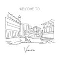 One single line drawing Rialto Bridge landmark. World famous iconic canal in Venice Italy. Tourism travel postcard home wall decor