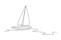 One single line drawing of sail boat sailing on the sea vector illustration. Water transportation vehicle concept. Modern