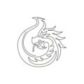 One single line drawing of scary beast dragon for china ancient museum logo identity. Legend fairy tale animal mascot concept for