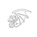 One single line drawing of scary beast dragon for china ancient museum logo identity. Legend fairy tale animal mascot concept for