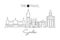 One single line drawing of Sevilla city skyline, Spain. Historical skyscraper landscape in world postcard. Best holiday