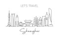 One single line drawing of Shanghai city skyline, China. Historical town landscape in world. Best holiday destination. Editable Royalty Free Stock Photo