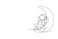 One single line drawing of space man astronaut exploring cosmic galaxy, leaning relax on crescent moon vector illustration.