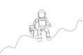 One single line drawing of spaceman flying and bringing retro radio in deep space graphic vector illustration. Music concert