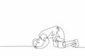 One single line drawing of sporty football player celebrates his goal with sujud of gratitude gesture at field. Match goal