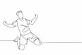 One single line drawing of sporty young football player celebrating his goal scoring on the field emotionally on field. Match goal