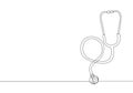 One single line drawing of stethoscope, equipment for doctor examining patient heart beat condition. Medical health care service