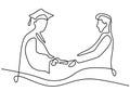 One single line drawing of a student graduate with lecturer isolated on white background. A lecturer gives diplomas to the