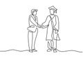 One single line drawing of a student graduate with lecturer isolated on white background. A lecturer gives diplomas to the Royalty Free Stock Photo